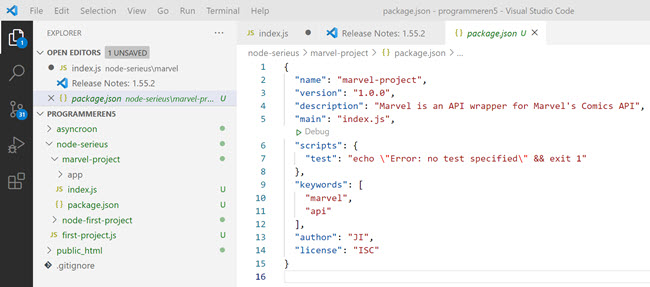 npm init package.json for marvel created